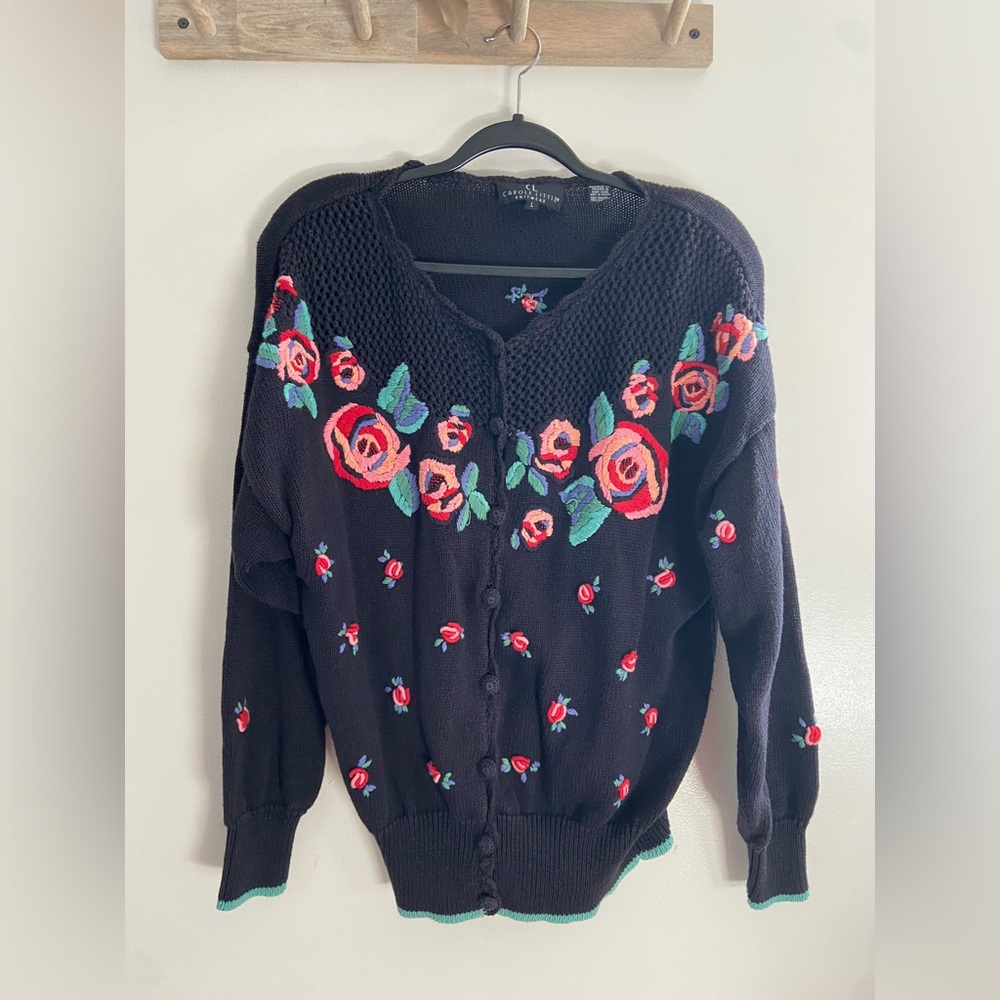 VINTAGE Carole Little Knitwear Knit Cardigan with Floral Design - Size Large
